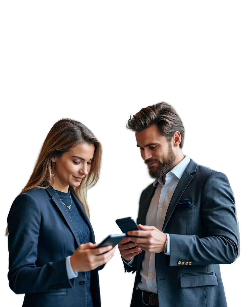 Two business people looking at Hedy on their phones