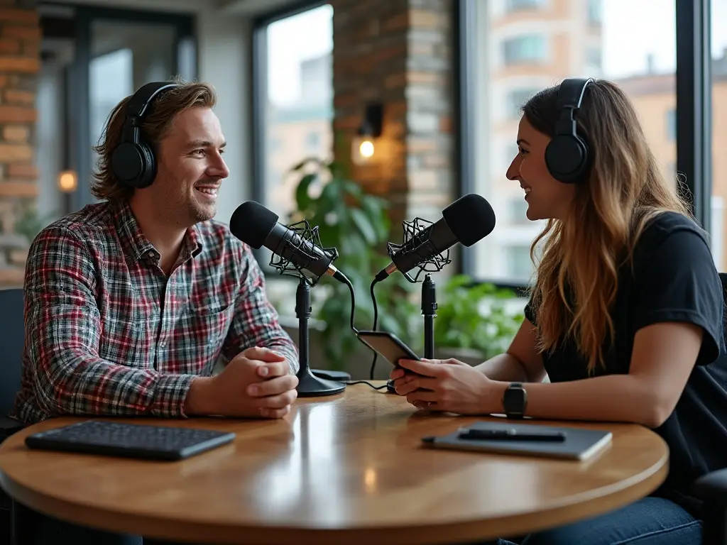 Hedy helping the interviewer during a podcast